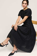 Round Neck Short Bubble Sleeve Midi Dress