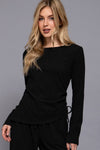 Long Sleeve Round Neck Side Ruched Two Tone Texture Knit Top