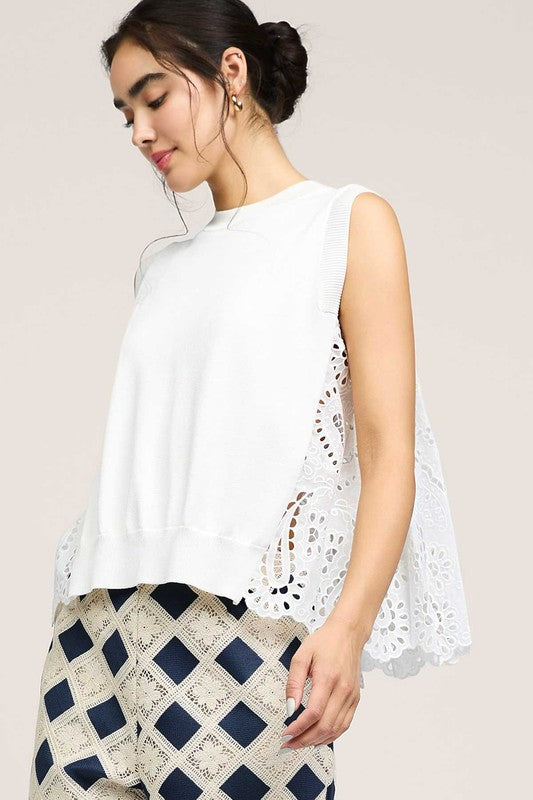 Round Neck Sweater w/ Contrast Pleated Eyelet Back