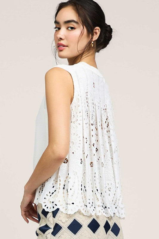 Round Neck Sweater w/ Contrast Pleated Eyelet Back