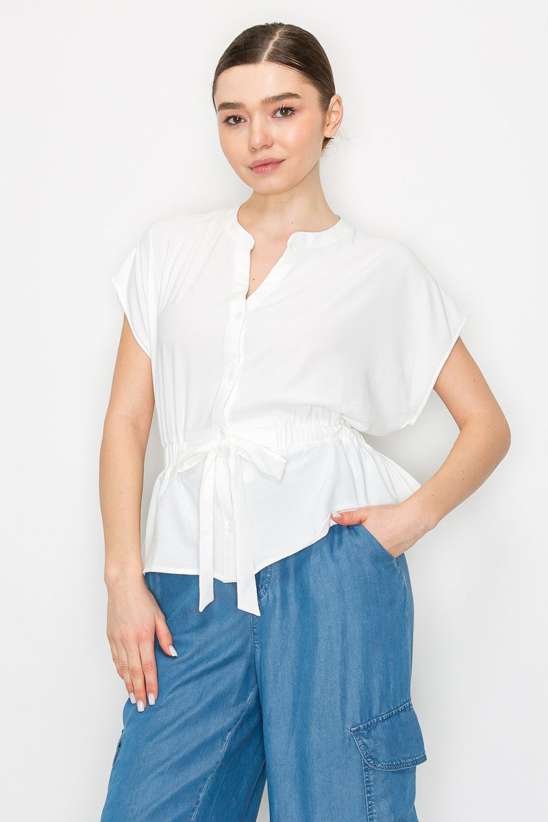 Elastic Cinched Waist Ribbon Blouse