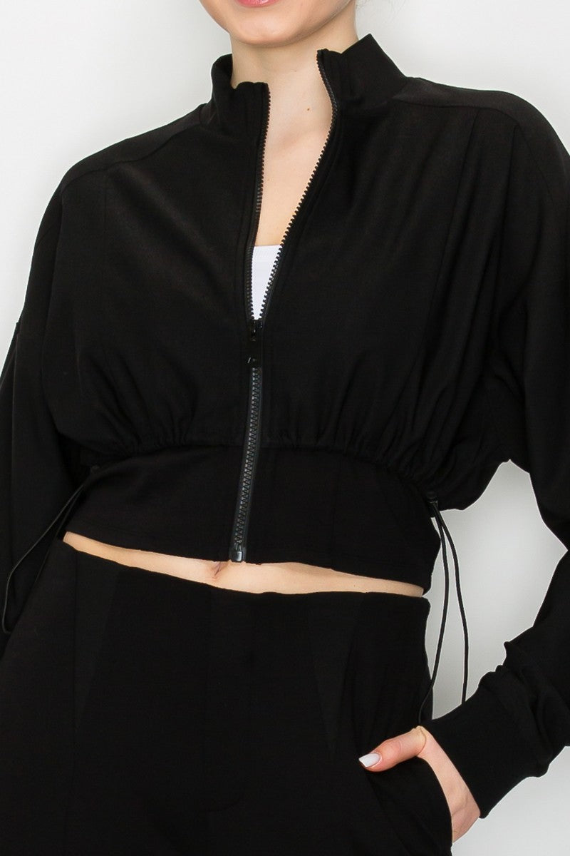 Zip Up Mock Drawstring Crop Jacket