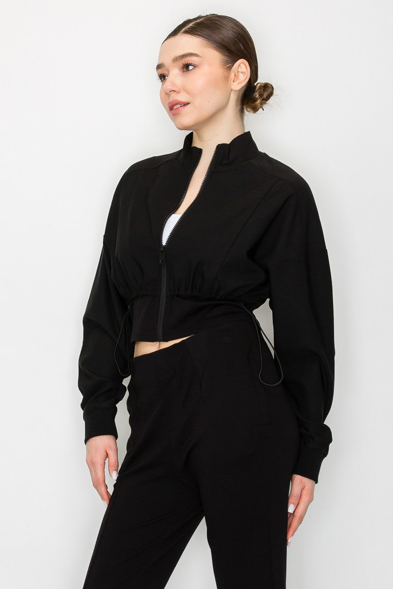 Zip Up Mock Drawstring Crop Jacket