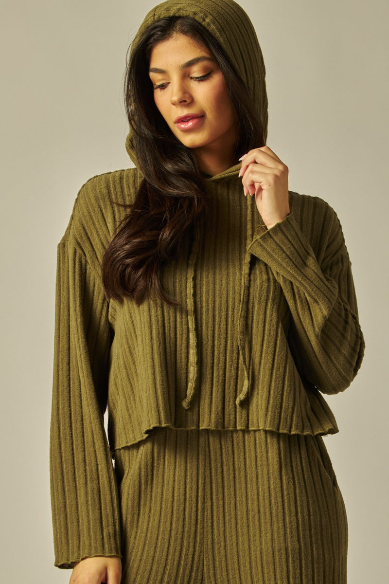 Ribbed Knit Sweater Hoodie Loungewear 2 Piece Set