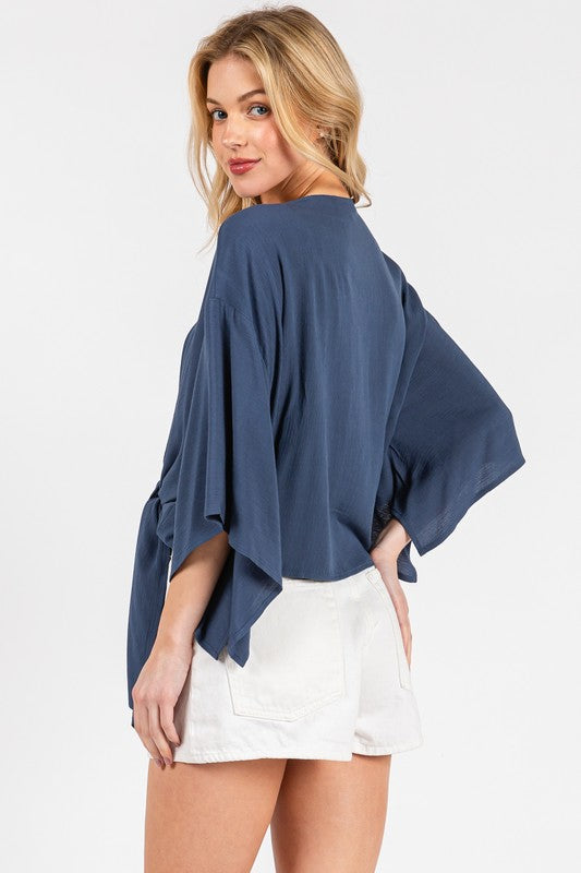Tie Front Short Kimono Cardigan - Dk Indigo