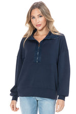 Ariella Zipper Pullover w/ Satin Detail - Navy