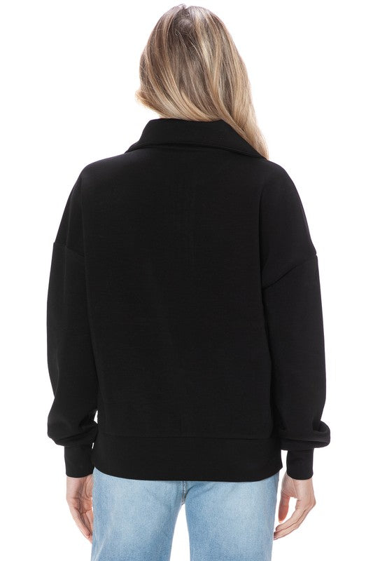 Ariella Zipper Pullover w/ Satin Detail - Black