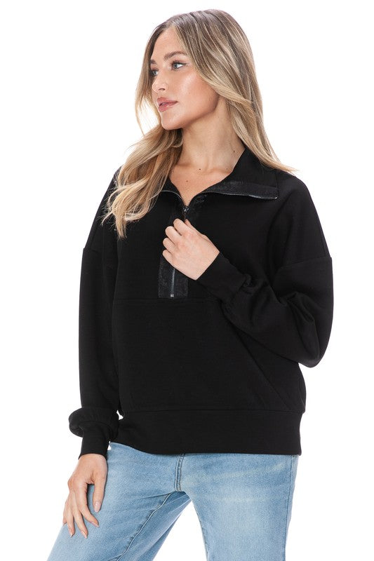 Ariella Zipper Pullover w/ Satin Detail - Black