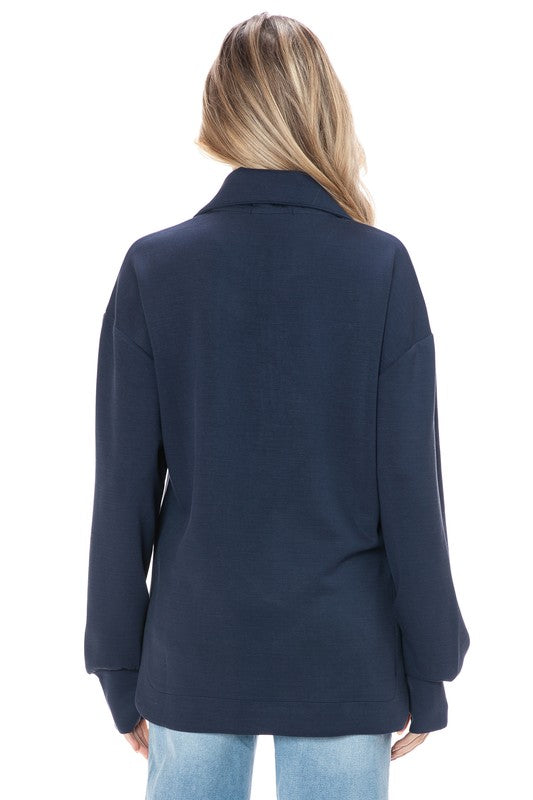 Ariella Zipper Pullover w/ Satin Detail - Navy