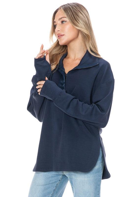 Ariella Zipper Pullover w/ Satin Detail - Navy