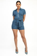 Self Tie Belt Zip Up Denim Romper
