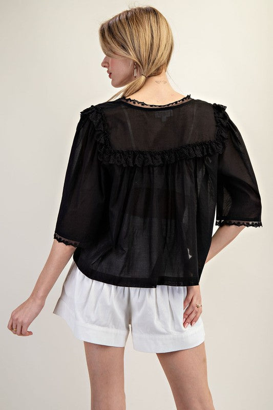 Lace Trim V-Neck Blouse