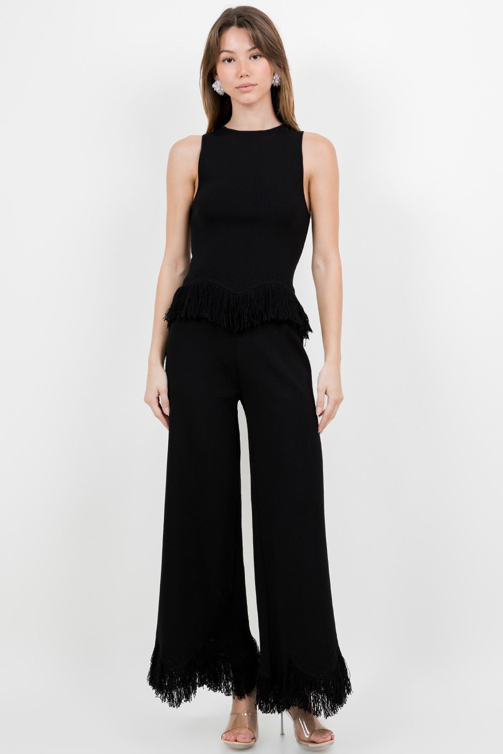 Fringe Bottom Hemming Knitted Wide Leg Pant