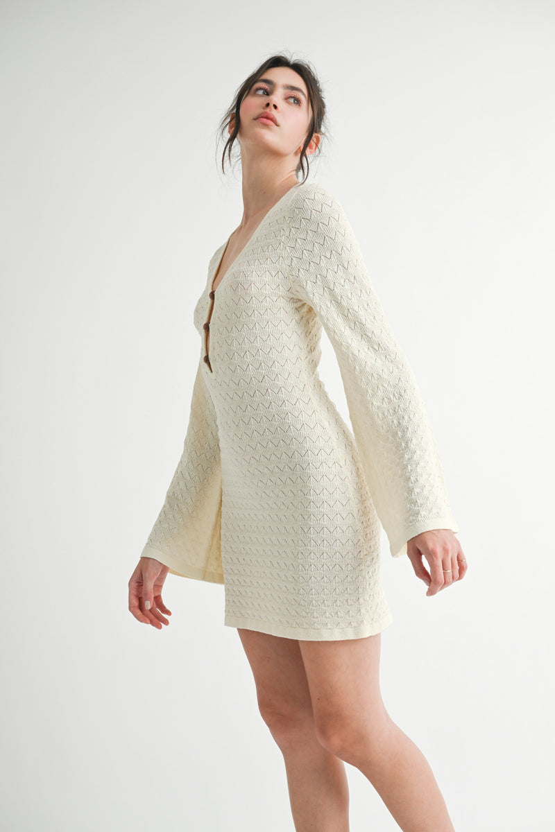 Pointelle Bell Sleeve Knit Mini Dress