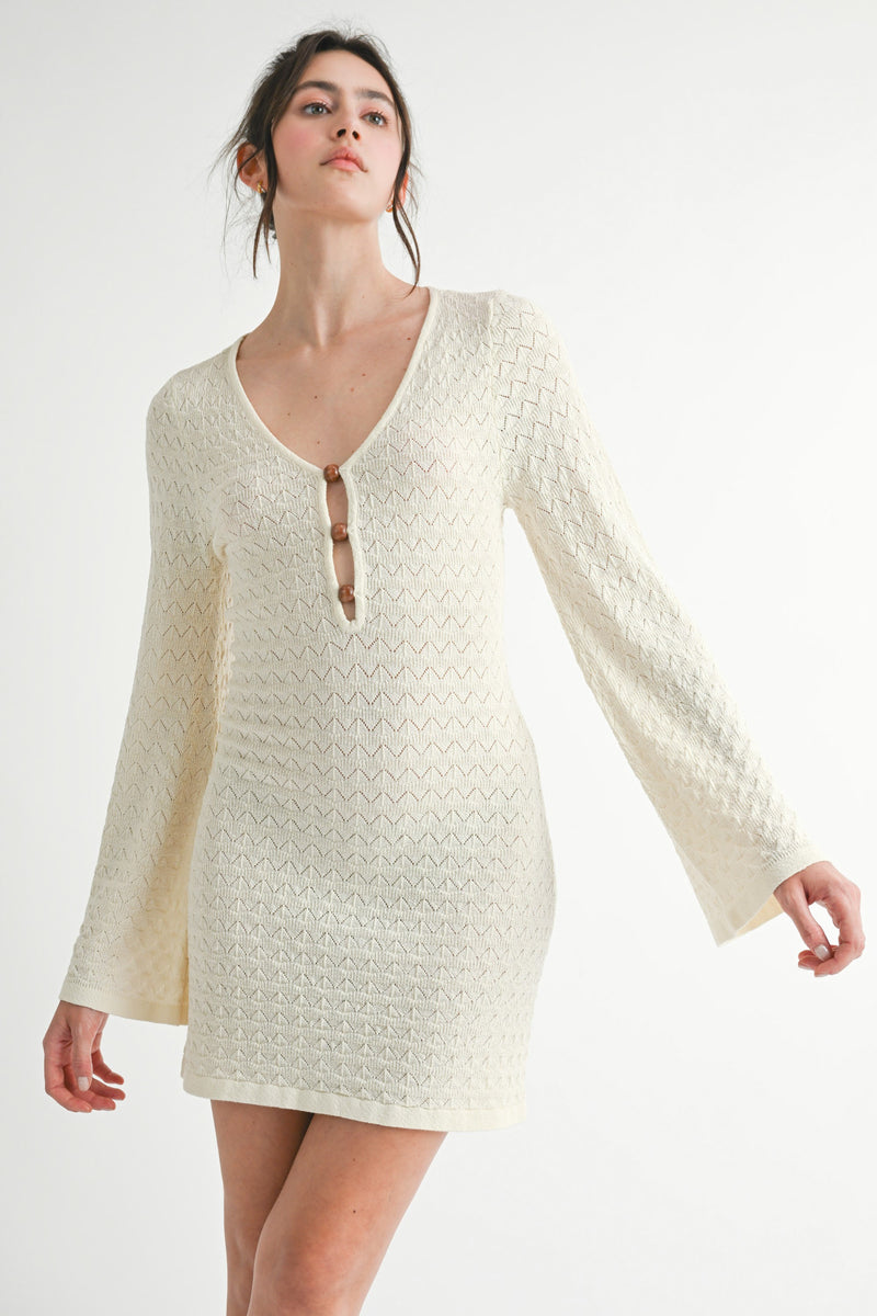 Pointelle Bell Sleeve Knit Mini Dress