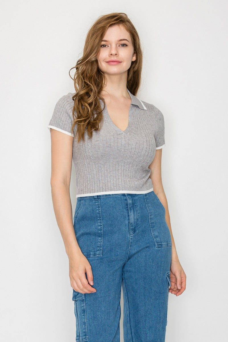 Collared V-Neck Sweater Crop Top