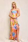 Blushing Blossom Strapless Ruffled Slit Maxi Dress