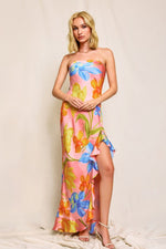 Blushing Blossom Strapless Ruffled Slit Maxi Dress