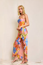 Blushing Blossom Strapless Ruffled Slit Maxi Dress
