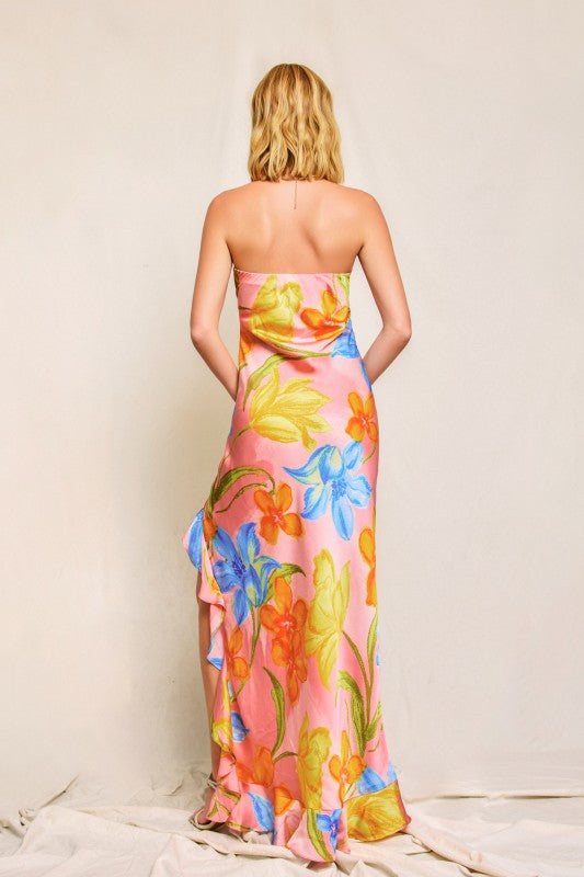 Blushing Blossom Strapless Ruffled Slit Maxi Dress