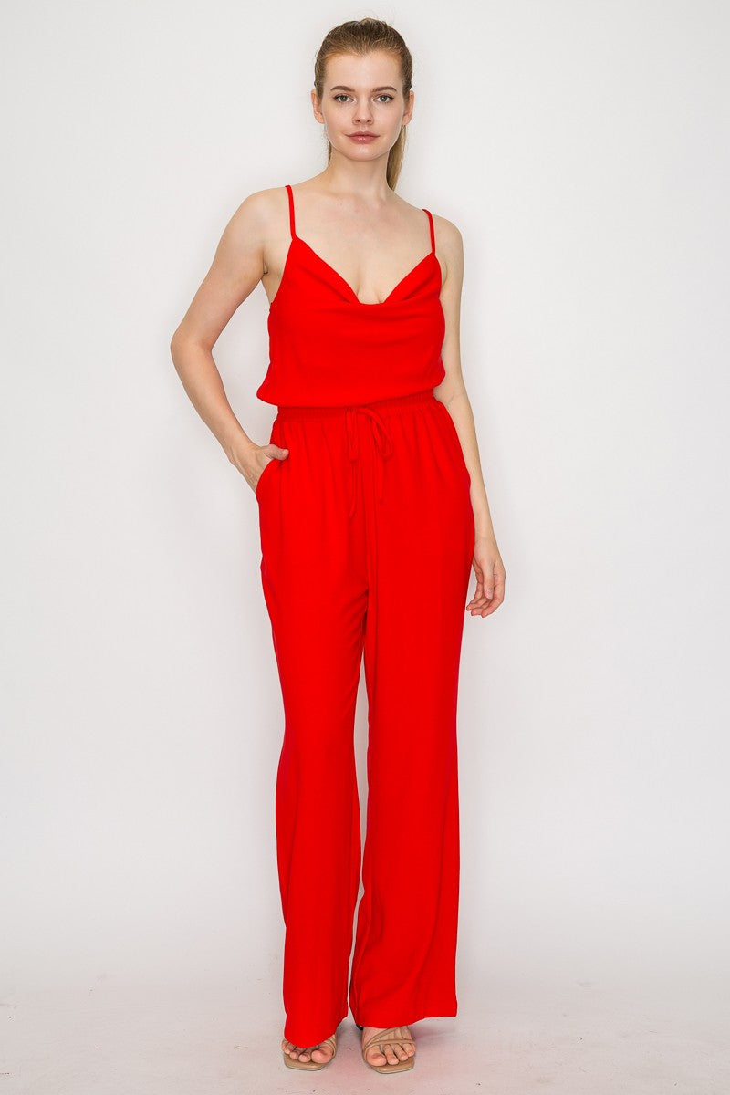 Elastic Waist Cowl Neck Jumpsuit