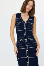 V-Neck Button Placket Midi Length Knit Dress
