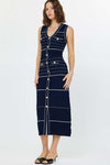 V-Neck Button Placket Midi Length Knit Dress