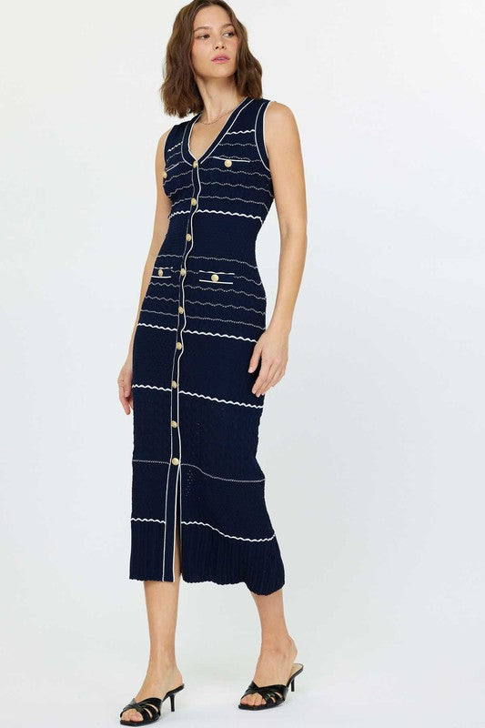 V-Neck Button Placket Midi Length Knit Dress