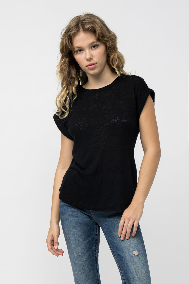 Slub Knit Cuffed Short Sleeve Top