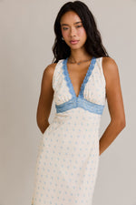V-Neck Lace Trimmed Bow Printed Midi Dress