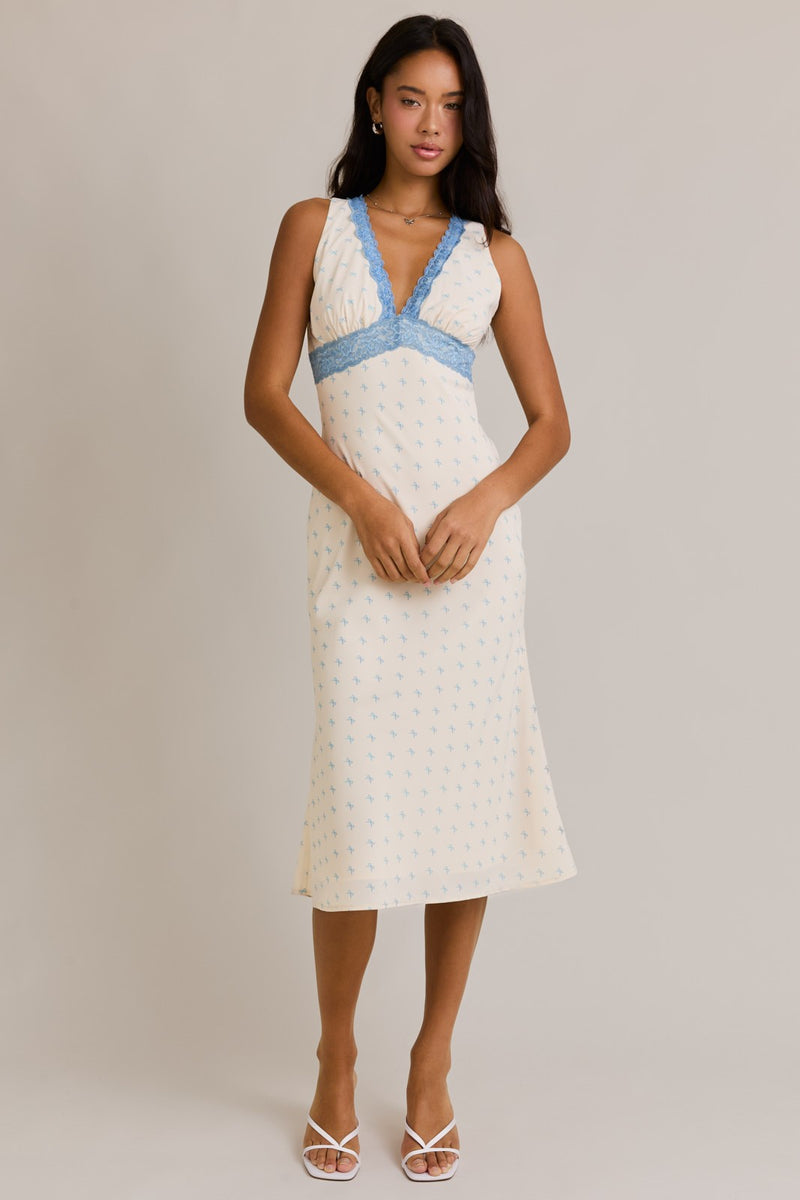 V-Neck Lace Trimmed Bow Printed Midi Dress