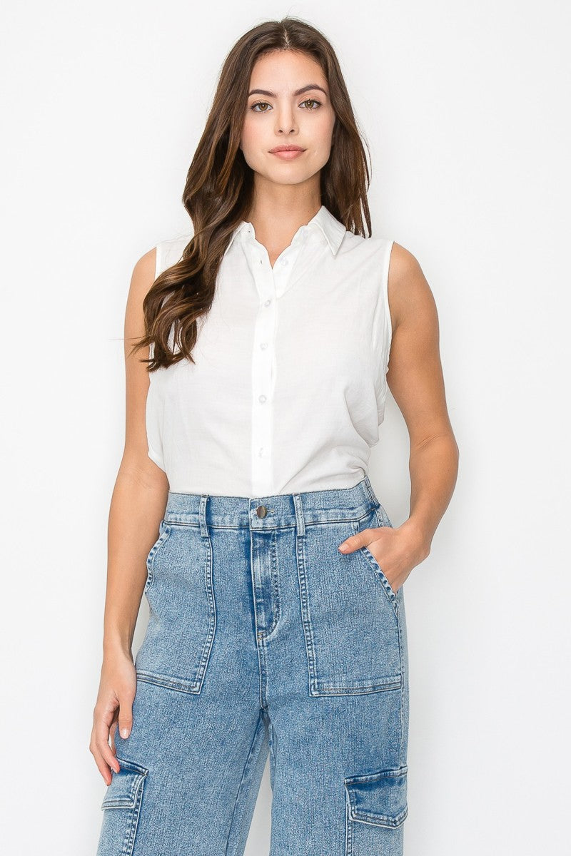 Button Down Sleeveless Linen Top