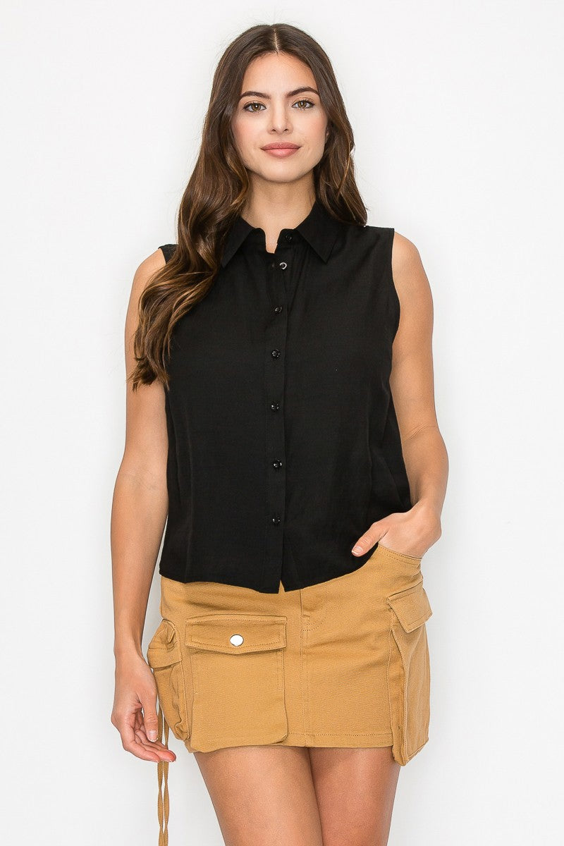 Button Down Sleeveless Linen Top