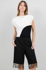 Power Mesh & Knitted Combo Top With Shoulder Pads