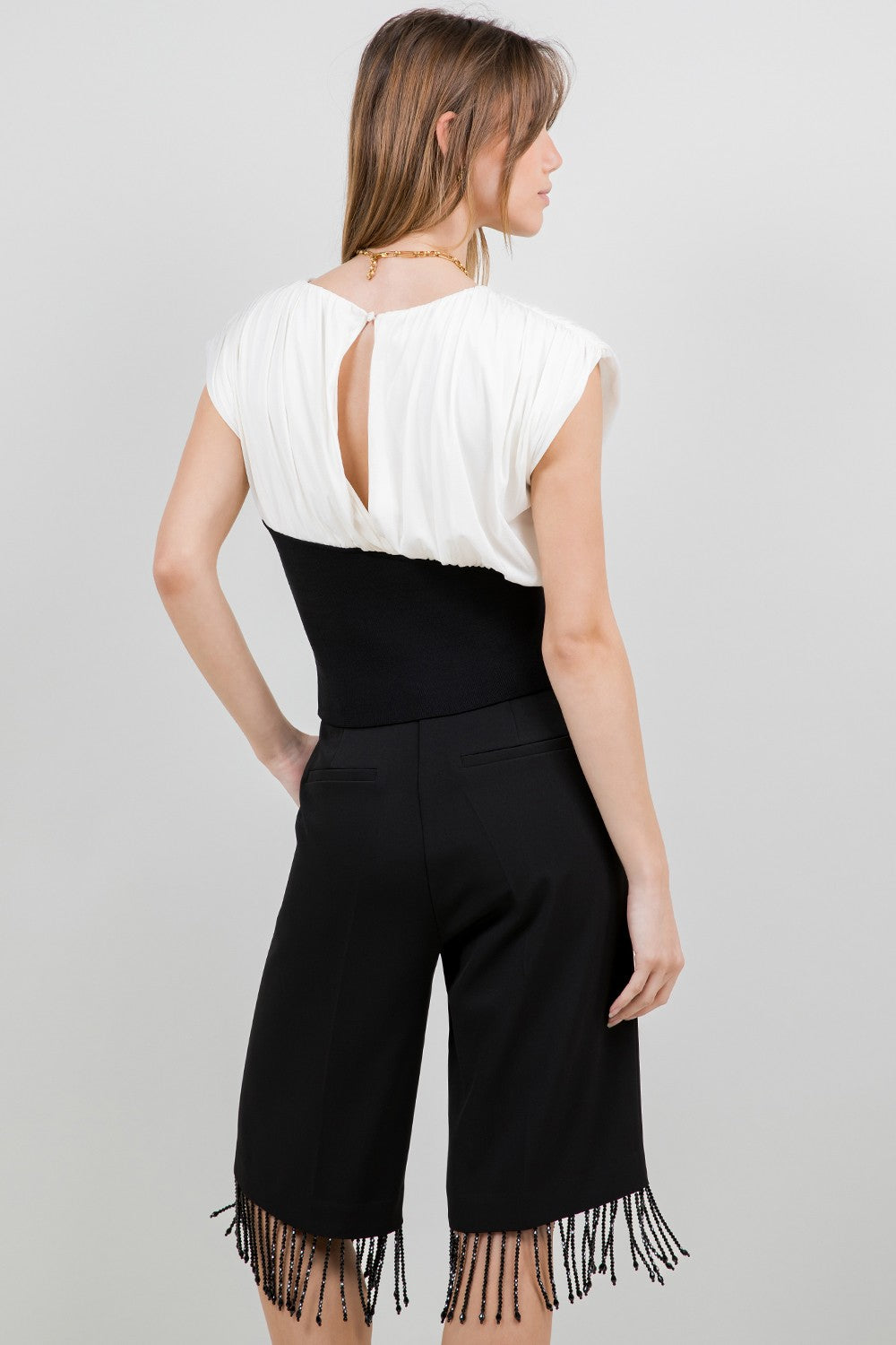 Power Mesh & Knitted Combo Top With Shoulder Pads