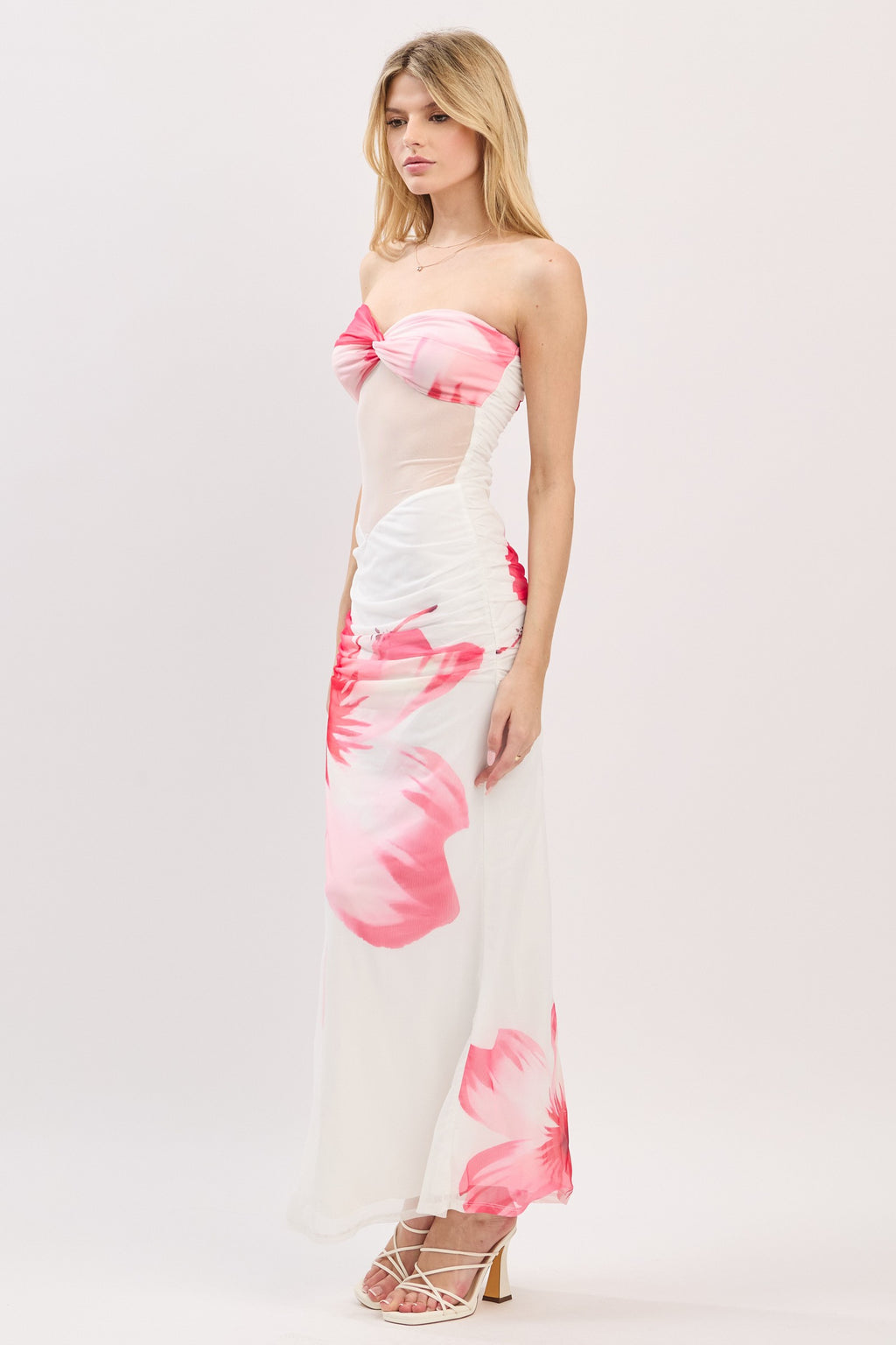 Mesh Floral Print Shirring Maxi Dress