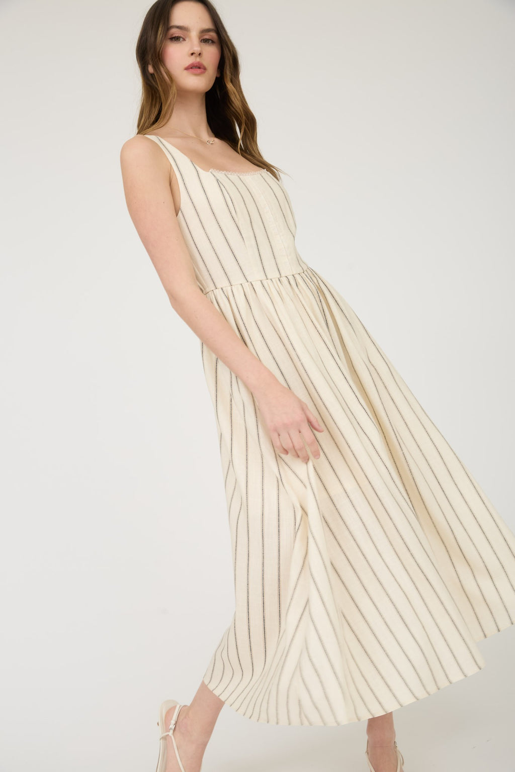 Stripe Front Hook Lace Trim Sleeveless Midi Dress