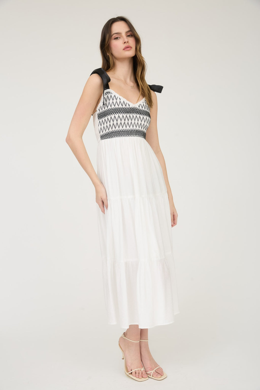 Embroidered Detail Ribbon Strap Tiered Maxi Dress