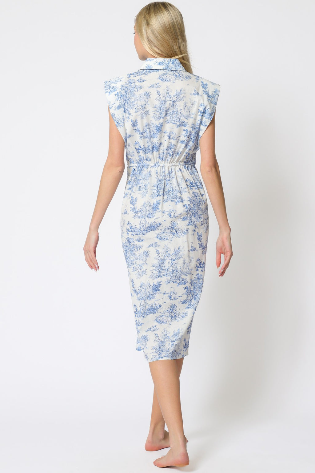 Shoulder Pad Button Down Tie Midi Dress