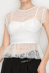 Chic double layered corset lace top in white, featuring lace short sleeves and a fitted bodice, perfect for Long Island boutique fashion.