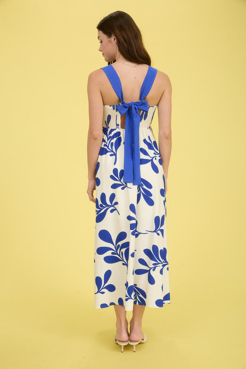 Leaf Print Back Tie Strap Empire Waist Midi Dress