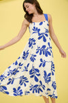 Leaf Print Back Tie Strap Empire Waist Midi Dress
