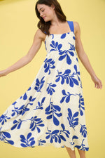 Leaf Print Back Tie Strap Empire Waist Midi Dress