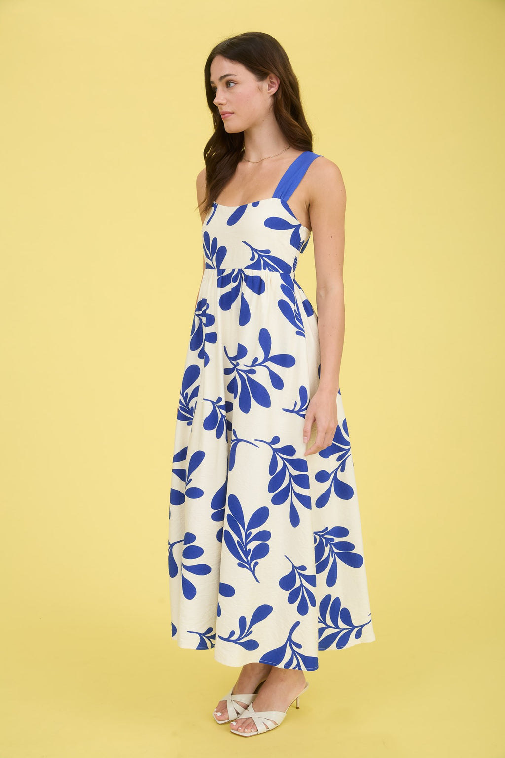 Leaf Print Back Tie Strap Empire Waist Midi Dress