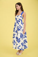 Leaf Print Back Tie Strap Empire Waist Midi Dress