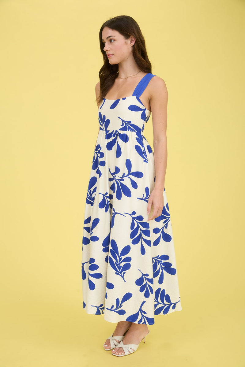 Leaf Print Back Tie Strap Empire Waist Midi Dress