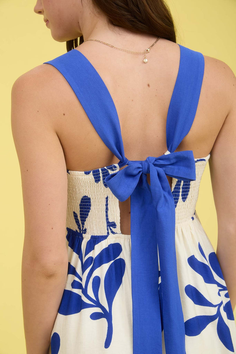 Leaf Print Back Tie Strap Empire Waist Midi Dress
