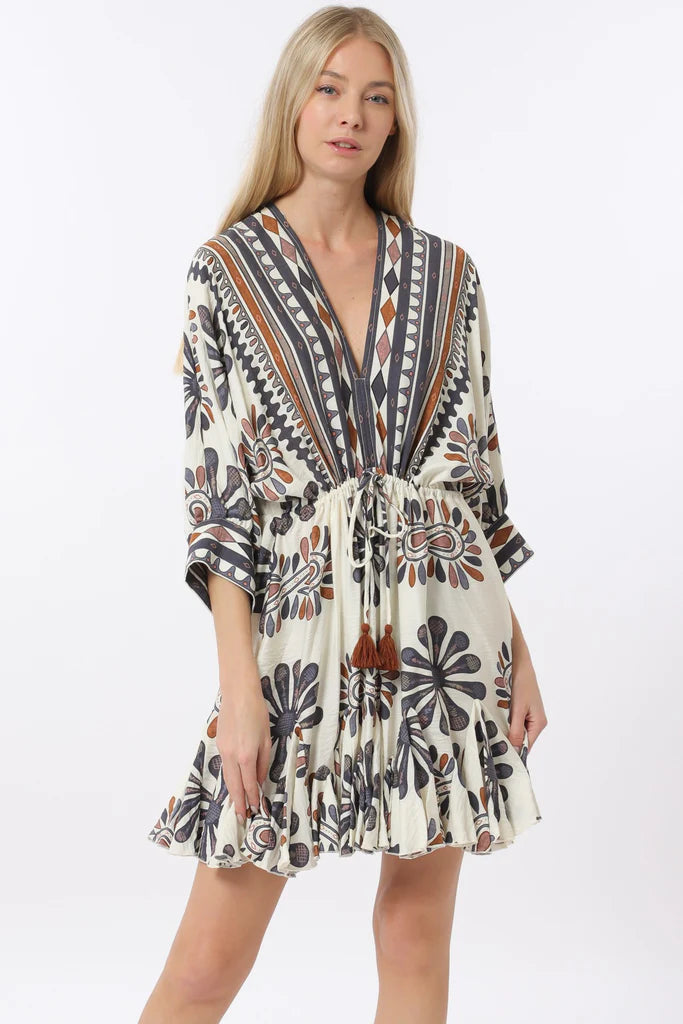3/4 Dolman Sleeve Tie Front Waisted Printed Dress