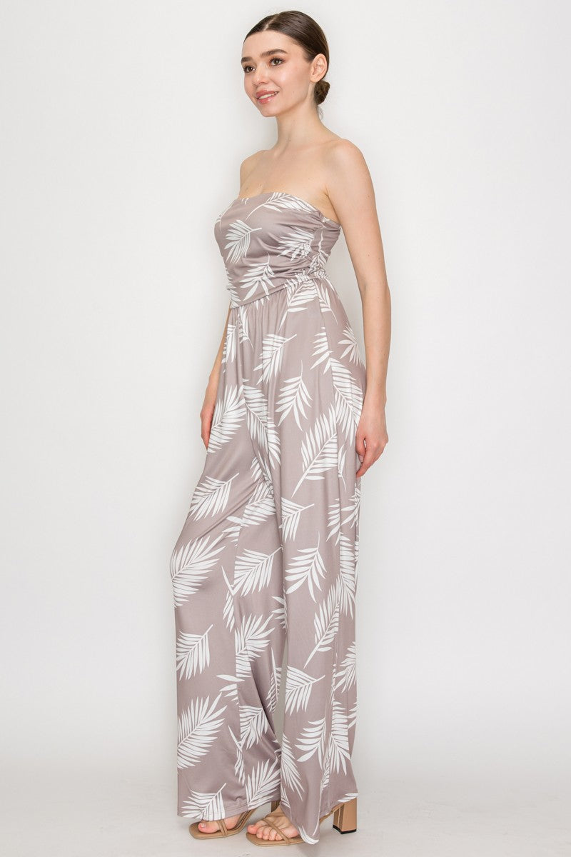 Leaf Patterned Tube Top Jumpsuit
