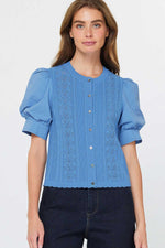Woven Puff Sleeve Button Down Sweater